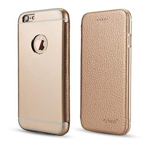 OKCS Binli echt Leder Schutzhülle kompatibel mit iPhone 6 Plus mit stylischer Aluminium Rückseite Hard Cover Flip Case - Gold von OKCS