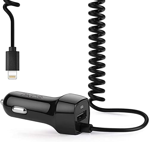 OKCS USB KFZ Ladegerät Dual Ladeadapter - Schnellladegerät - integriertes dehnbares Ladekabel kompatibel mit iPhone und zusätzlicher freier USB Anschluss - Schwarz von OKCS