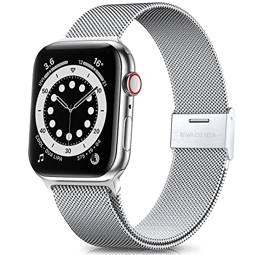 OKEAU Kompatibel mit Apple Watch Armband 7 6 5 4 45mm 44mm 42mm, Edelstahl Milanaise Armband mit Verstellbarer Schlaufe Silber 42mm von OKEAU