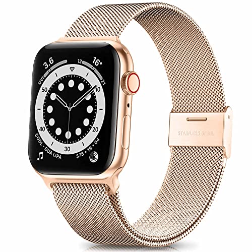 OKEAU Kompatibel mit Apple Watch Armband 7 6 SE 5 45mm 44mm 42mm, Edelstahl Milanaise Armband mit Verstellbarer Schlaufe Roségold 45mm von OKEAU