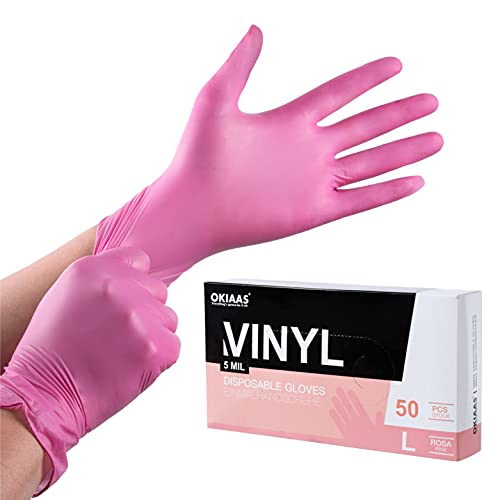 OKIAAS Einweghandschuhe Pink L, Vinyl Einmalhandschuhe Puderfrei, 5 mil, 50 Stück, Tattohandschuhe Latexfrei Handschuhe Einweg für Kochen, Grill, Putzen von OKIAAS