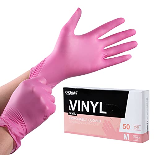 OKIAAS Einweghandschuhe Pink M, Vinyl Einmalhandschuhe Puderfrei, 5 mil, 50 Stück, Tattohandschuhe Latexfrei Handschuhe Einweg für Kochen, Grill, Putzen von OKIAAS