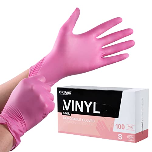 OKIAAS Einweghandschuhe Pink S, Vinyl Einmalhandschuhe Puderfrei, 5 mil, 100 Stück, Tattohandschuhe Latexfrei Handschuhe Einweg für Kochen, Grill, Putzen von OKIAAS