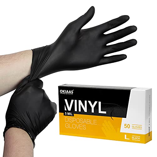 OKIAAS Einweghandschuhe Schwarz L, Vinyl Einmalhandschuhe Puderfrei, 5 mil, 50 Stück Tattohandschuhe Latexfrei Handschuhe Einweg für Kochen, Grill, Putzen von OKIAAS