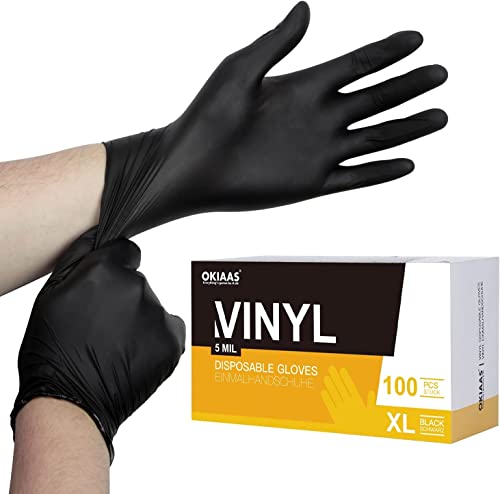 OKIAAS Einweghandschuhe Schwarz XL, Vinyl Einmalhandschuhe Puderfrei, 5 mil, 100 Stück, Tattohandschuhe Latexfrei Handschuhe Einweg für Kochen, Grill, Putzen von OKIAAS