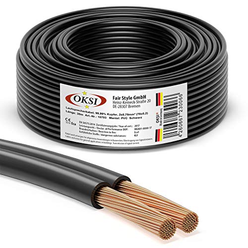 OKSI Lautsprecherkabel - 2x0,75mm² - 30 m, Schwarz | Kupferkabel für HiFi, Anschluss von Audio-Stereo an Verstärker, Surround-Sound-System, TV-Heimkino und Autoradio. Made in Germany von OKSI