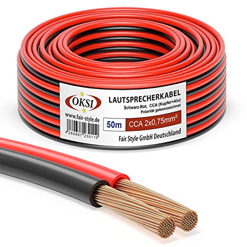 OKSI Lautsprecherkabel - 2x0,75mm² - 50 m, Schwarz-Rot | CCA (Kupfer+Alu) für HiFi, Anschluss von Audio-Stereo an Verstärker, Surround-Sound-System, TV-Heimkino und Autoradio von OKSI