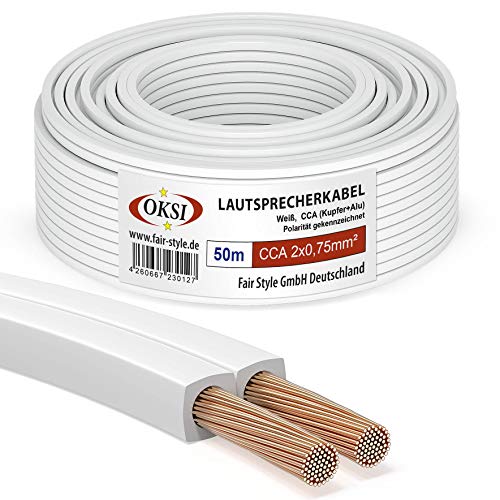 OKSI Lautsprecherkabel - 2x0,75mm² - 50 m, Weiß | CCA (Kupfer+Alu) für HiFi, Anschluss von Audio-Stereo an Verstärker, Surround-Sound-System, TV-Heimkino und Autoradio von OKSI