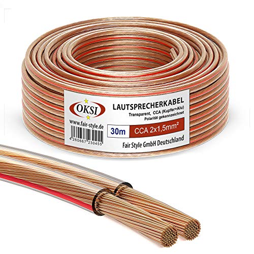 OKSI Lautsprecherkabel - 2x1,5mm² - 30 m, Transparent | CCA (Kupfer+Alu) für HiFi, Anschluss von Audio-Stereo an Verstärker, Surround-Sound-System, TV-Heimkino und Autoradio von OKSI