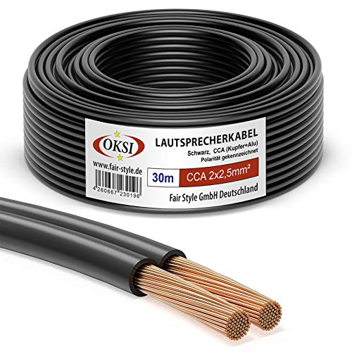 OKSI Lautsprecherkabel - 2x2,5mm² - 30 m, Schwarz | CCA (Kupfer+Alu) für HiFi, Anschluss von Audio-Stereo an Verstärker, Surround-Sound-System, TV-Heimkino und Autoradio von OKSI