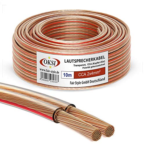 OKSI Lautsprecherkabel - 2x4mm² - 10 m, Transparent | CCA (Kupfer+Alu) für HiFi, Anschluss von Audio-Stereo an Verstärker, Surround-Sound-System, TV-Heimkino und Autoradio von OKSI