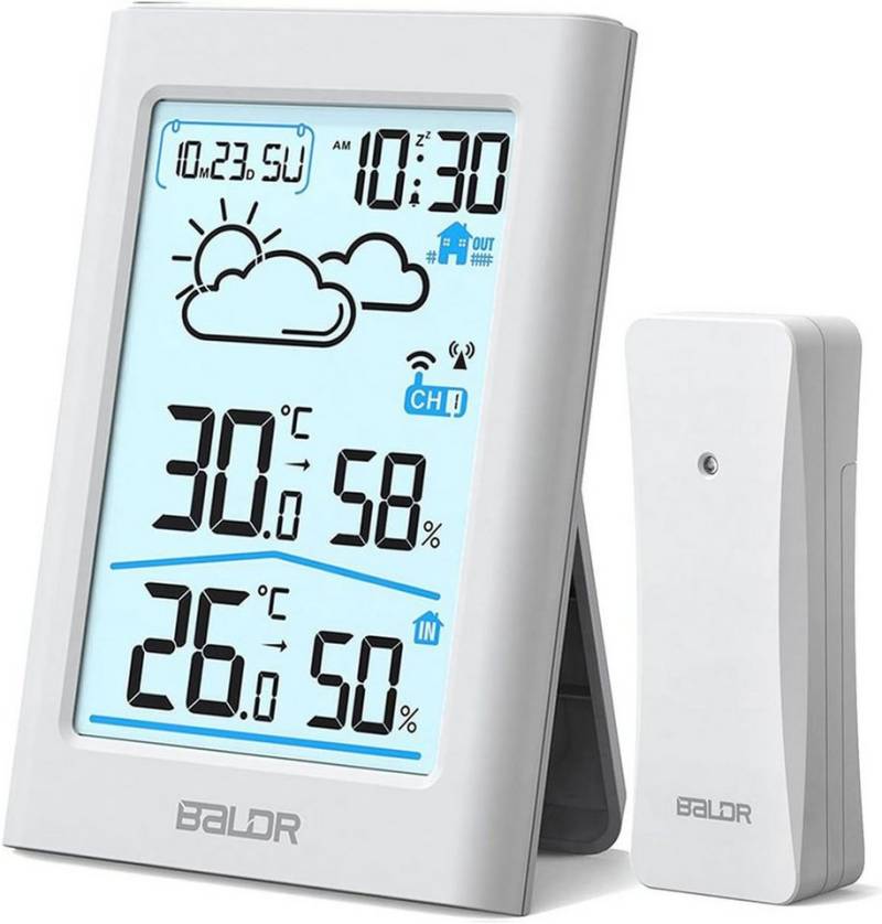 OKWISH Außentemperaturanzeige Temperaturanzeige Thermo-Hygrometer Thermometer Wetterstation Funk, Nur 1 Sensor mit Aufzeichnung und Raumklima-Indikator Wettervorhersage, Digitales Temperatur und Luftfeuchtigkeitmessgerät ohne Batterie, für Raumklimakontrolle Klima Monitor Innen/Außen von OKWISH