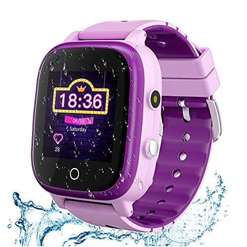 4G GPS Smartwatch für Mädchen Jungen, IP67 Wasserdicht Sport Smart Watch Telefon für Kinder, mit Kamera WiFi Video Anruf SOS Schrittzähler Geburtstagsgeschenk für Kinder 3-14 Jahre, Hellviolett von OKYUK