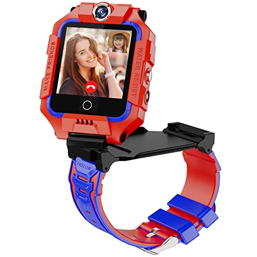 4G Smartwatch für Kinder, Jungen, Mädchen, 4G Smartwatch, Telefon, HD-Bildschirm Sport-Armbanduhr mit Video & Telefonanruf, SOS, Kamera, Kindergeschenke im Alter von 3-14 Jahren, 360° Dual-Kamera rot von OKYUK