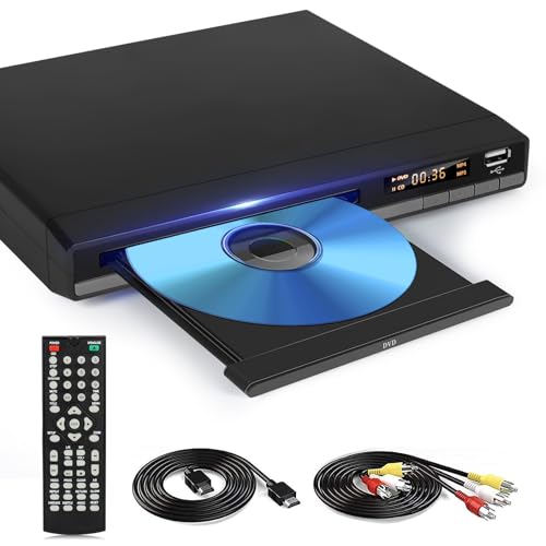 HD DVD Player mit USB-Anschluss, HDMI Region Free DVD Player für Smart TV, HDMI/RCA Ausgangskabel inklusive, Unterbrechungspunktspeicherung, Eingebautes PAL/NTSC, CD Player für Zuhause (nicht Blu-ray) von OKYUK