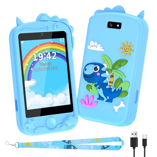 Kinder Handy, Kinder Kamera, Kinder Smartphone, Kinderhandy Spielzeug Mit Telefonkarte, Mit 28 Spiele Anruf SOS Kamera Musik Wecker. Einhorn-Geschenkspielzeug 3-9 Jahre Geschenke (Blau) von OKYUK