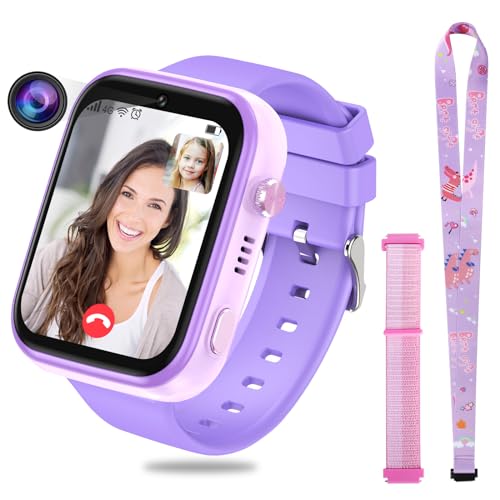 OKYUK 4G Smartwatch für Kinder, GPS-Tracker, mehrere Desktop-Stile zur Auswahl, Zwei-Wege-Anrufe, Bildkompetenz, SOS, WLAN, wasserdichter Touchscreen für 4–12 Jungen und Mädchen (Lila) von OKYUK