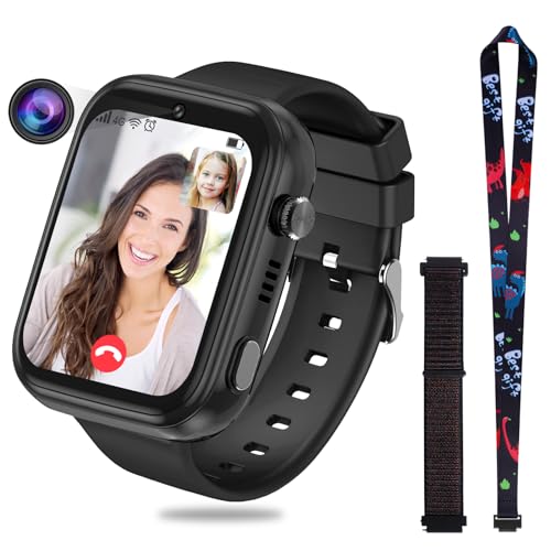 OKYUK 4G Smartwatch für Kinder, GPS-Tracker, mehrere Desktop-Stile zur Auswahl, Zwei-Wege-Anrufe, Bildkompetenz, SOS, WLAN, wasserdichter Touchscreen für 4–12 Jungen und Mädchen (Schwarz) von OKYUK