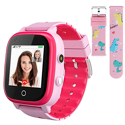 OKYUK 4G Smartwatch für Kinder mit SIM-Karte, GPS-Tracker, mehrere Desktop-Stile zur Auswahl, Zwei-Wege-Anrufe, SOS, WLAN, wasserdichter Touchscreen für 4–12 Jungen und Mädchen (T5 Rosa) von OKYUK
