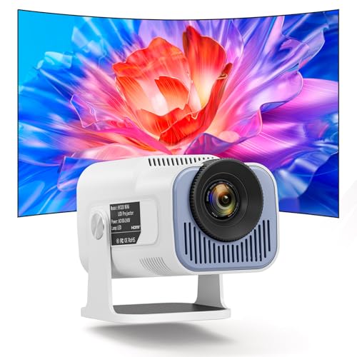 OKYUK Mini Beamer 4k,1080P Tragbar Outdoor Beamer, Smart Beamer mit Projektionsleinwand, 180° drehbar Projektor mit Vielen Schnittstellen für Handy/Laptop (Weiß) von OKYUK