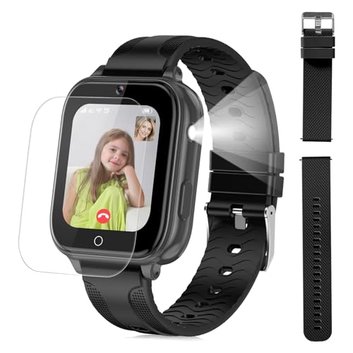 OKYUK Fashion Smartwatch Kinder Telefon mit GPS (Nicht 100% Genau), 1.69" Großer Touchscreen 4G WiFi Videoanruf Kamera Gesichtserkennung SOS Anti-Lost für Jungen Mädchen (Schwarz+Ersatzarmband) von OKYUK