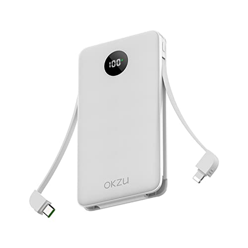 OKZU Powerbank 10000 mAh USB C mit integrierten Kabeln, tragbares Ladegerät 22,5 W QC 3.0 & PD Schnellladung. LED-Display Powerbank für iPhone, Samsung, Huawei Xiaomi Switch (weiß) von OKZU