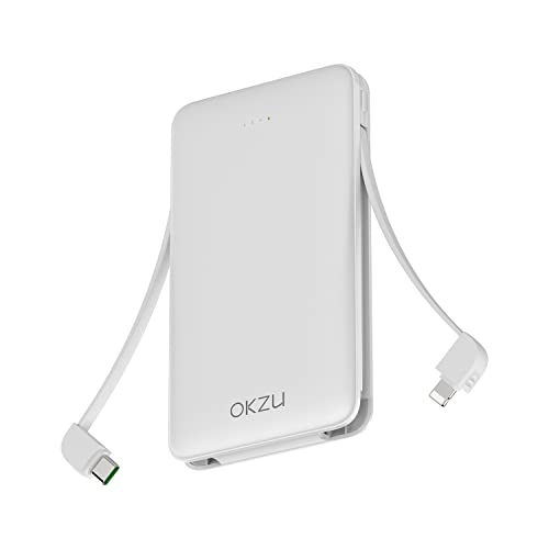 OKZU Tragbares Ladegerät mit integrierten Kabeln, 10000 mAh, 22,5 W, PD 3.0, QC 4.0, schnelles Laden, Powerbank, USB C Akku, kompatibel mit iPhone 14, 13, 12, 11, Samsung Galaxy (White) von OKZU