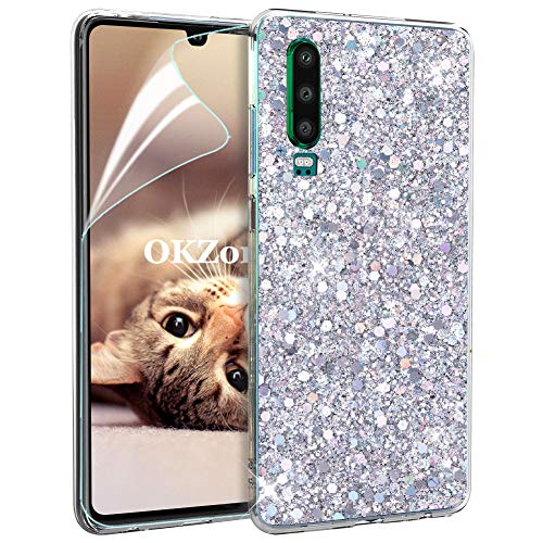 OKZone Huawei P30 Hülle [mit HD-Schutzfolie], Glitzer Bling Design Weich TPU Bumper Case Silikon Schutzhülle Handy Tasche Rückseite TPU Bumper Schale für Huawei P30 (Silber) von OKZone