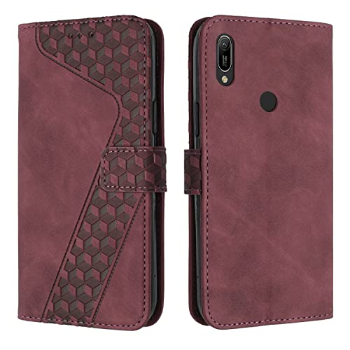 OKZone Kompatibel mit Huawei Y6 2019/Honor 8A/Y6 Prime 2019 Hülle, PU Leder Handyhülle Tasche Wallet Schutzhülle Flip Cover Klappbar Stoßfeste Etui mit Magnet Kartenfach TPU Lederhülle (Rot) von OKZone