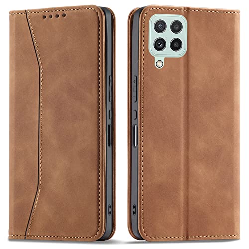 OKZone Kompatibel mit Samsung Galaxy A22 4G Hülle, Magnet Leder Tasche Handyhülle, Kartenfächer Schutzhülle, [Premium PU Leder] Flip Klappbare Stoßfeste Magnetische Standfunktion (Khaki) von OKZone