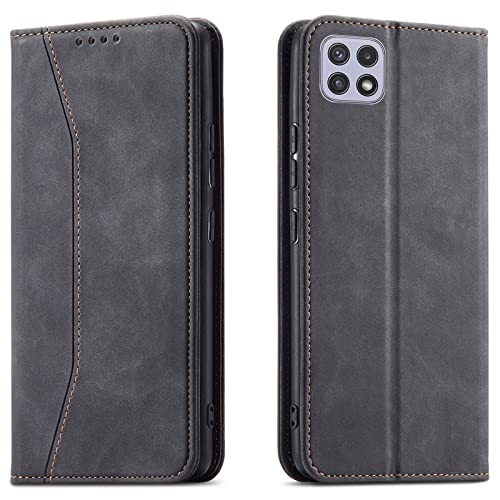 OKZone Kompatibel mit Samsung Galaxy A22 5G Hülle, Magnet Leder Tasche Handyhülle, Kartenfächer Schutzhülle, [Premium PU Leder] Flip Klappbare Stoßfeste Magnetische Standfunktion (Schwarz) von OKZone