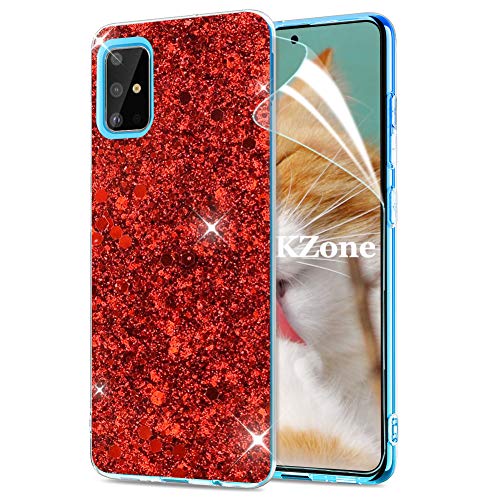 OKZone Kompatibel mit Samsung Galaxy A71 Hülle [mit HD-Schutzfolie], Glitzer Design Weich Case Schutzhülle Handy Tasche Rückseite Hülle Etui Cover TPU Bumper Schale für Samsung Galaxy A71 (Rot) von OKZone