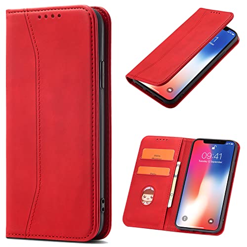 OKZone Kompatibel mit Xiaomi Redmi 9A Hülle, Magnet Leder Tasche Handyhülle, Kartenfächer Xiaomi Redmi 9A Schutzhülle, [Premium PU Leder] Flip Klappbare Stoßfeste Magnetische Standfunktion (Rot) von OKZone