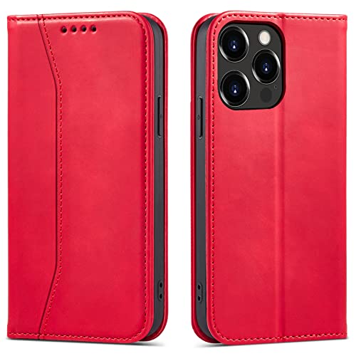 OKZone Kompatibel mit iPhone 13 Pro (6,1 Zoll) Hülle, Magnet Leder Tasche Handyhülle, Kartenfächer Schutzhülle, [Premium PU Leder] Flip Klappbare Stoßfeste Magnetische Standfunktion (Rot) von OKZone