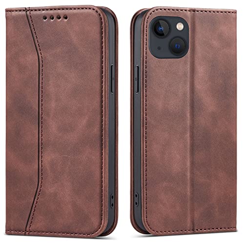 OKZone Kompatibel mit iPhone 14 (6,1 Zoll) Hülle, Magnet Leder Tasche Handyhülle, Kartenfächer iPhone 14 Schutzhülle, [Premium PU Leder] Flip Klappbare Stoßfeste Magnetische Standfunktion (Braun) von OKZone