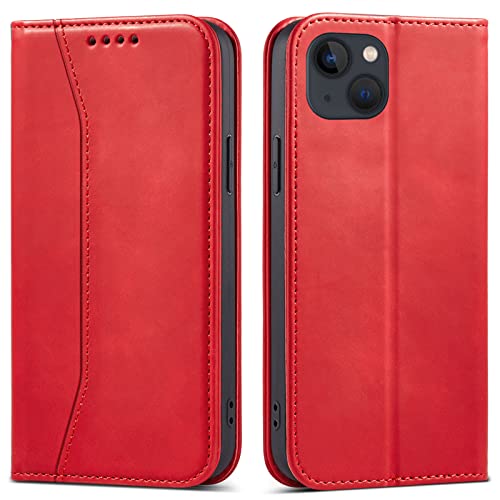 OKZone Kompatibel mit iPhone 14 (6,1 Zoll) Hülle, Magnet Leder Tasche Handyhülle, Kartenfächer iPhone 14 Schutzhülle, [Premium PU Leder] Flip Klappbare Stoßfeste Magnetische Standfunktion (Rot) von OKZone
