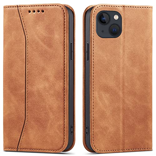 OKZone Kompatibel mit iPhone 14 Plus (6,7 Zoll) Hülle, Magnet Leder Tasche Handyhülle, Kartenfächer Schutzhülle, [Premium PU Leder] Flip Klappbare Stoßfeste Magnetische Standfunktion (Khaki) von OKZone