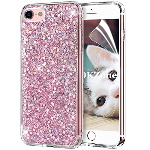 OKZone Kompatibel mit iPhone SE(2020) Hülle [mit HD-Schutzfolie], Glitzer Bling Design Weich TPU Bumper Case Schutzhülle Handy Tasche Rückseite TPU Bumper Schale für iPhone SE(2020) (4,7 Zoll) (Rosa) von OKZone