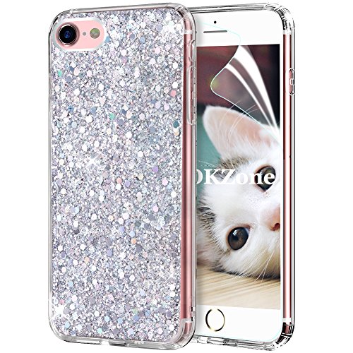 OKZone Kompatibel mit iPhone SE(2020) Hülle [mit HD-Schutzfolie],Glitzer Bling Design Weich TPU Bumper Case Schutzhülle Handy Tasche Rückseite TPU Bumper Schale für iPhone SE(2020) (4,7 Zoll) (Silber) von OKZone