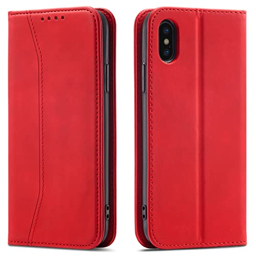 OKZone Kompatibel mit iPhone XS/iPhone X (5,8 Zoll) Hülle, Magnet Leder Tasche Handyhülle, Kartenfächer Schutzhülle, [Premium PU Leder] Flip Klappbare Stoßfeste Magnetische Standfunktion (Rot) von OKZone