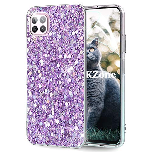 OKZone Kompatible mit Huawei P40 Lite Hülle [mit HD-Schutzfolie], Glitzer Design Weich TPU Bumper Case Silikon Schutzhülle Handy Tasche Rückseite Hülle Etui Cover TPU Bumper Schale (Lila) von OKZone
