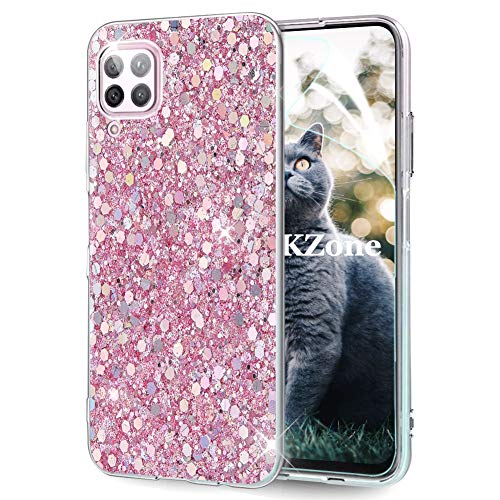 OKZone Kompatible mit Huawei P40 Lite Hülle [mit HD-Schutzfolie], Glitzer Design Weich TPU Bumper Case Silikon Schutzhülle Handy Tasche Rückseite Hülle Etui Cover TPU Bumper Schale (Rosa) von OKZone