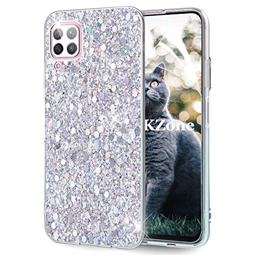 OKZone Kompatible mit Huawei P40 Lite Hülle [mit HD-Schutzfolie], Glitzer Design Weich TPU Bumper Case Silikon Schutzhülle Handy Tasche Rückseite Hülle Etui Cover TPU Bumper Schale (Silber) von OKZone