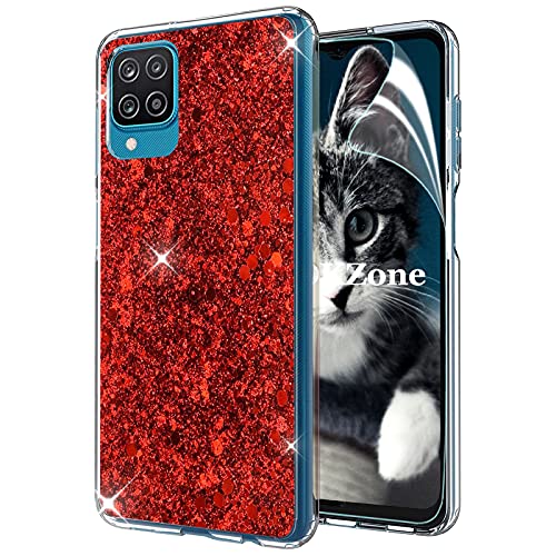 OKZone Kompatible mit Samsung Galaxy A12 Hülle [mit HD-Schutzfolie], Glitzer Design Weich TPU Bumper Case Silikon Schutzhülle Handy Tasche Rückseite Hülle Etui Cover TPU Bumper Schale (Rot) von OKZone