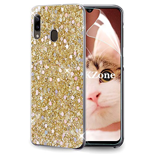 OKZone Kompatible mit Samsung Galaxy A20E Hülle [mit HD-Schutzfolie], Glitzer Design Weich TPU Bumper Case Silikon Schutzhülle Handy Tasche Rückseite Hülle Etui Cover TPU Bumper Schale (Gold) von OKZone