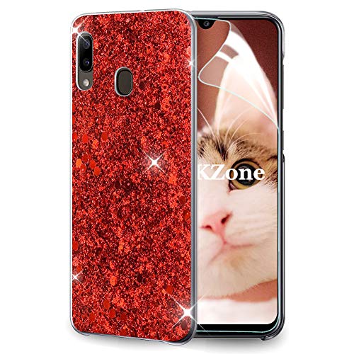 OKZone Kompatible mit Samsung Galaxy A20E Hülle [mit HD-Schutzfolie], Glitzer Design Weich TPU Bumper Case Silikon Schutzhülle Handy Tasche Rückseite Hülle Etui Cover TPU Bumper Schale (Rot) von OKZone
