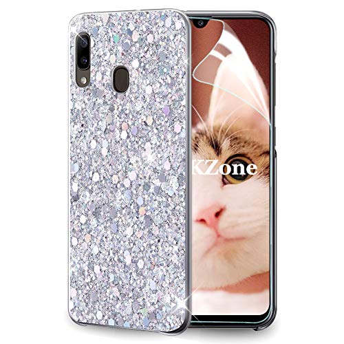 OKZone Kompatible mit Samsung Galaxy A20E Hülle [mit HD-Schutzfolie], Glitzer Design Weich TPU Bumper Case Silikon Schutzhülle Handy Tasche Rückseite Hülle Etui Cover TPU Bumper Schale (Silber) von OKZone