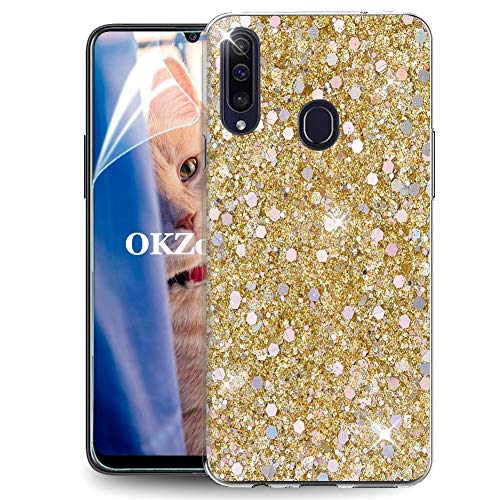 OKZone Kompatible mit Samsung Galaxy A20S Hülle [mit HD-Schutzfolie], Glitzer Design Weich TPU Bumper Case Silikon Schutzhülle Handy Tasche Rückseite Hülle Etui Cover TPU Bumper Schale (Gold) von OKZone