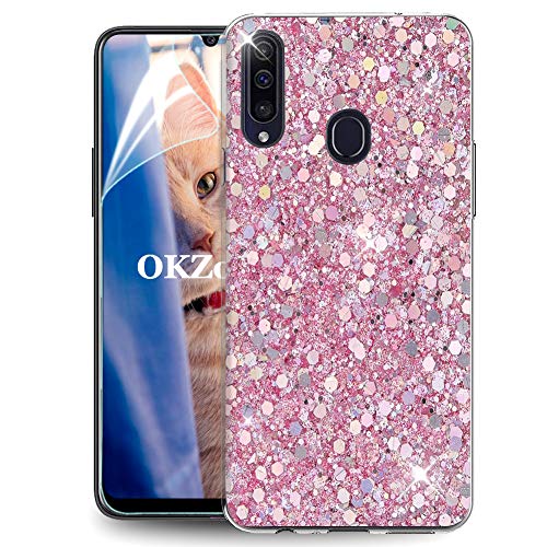 OKZone Kompatible mit Samsung Galaxy A20S Hülle [mit HD-Schutzfolie], Glitzer Design Weich TPU Bumper Case Silikon Schutzhülle Handy Tasche Rückseite Hülle Etui Cover TPU Bumper Schale (Rosa) von OKZone