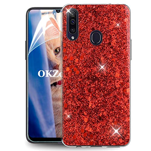 OKZone Kompatible mit Samsung Galaxy A20S Hülle [mit HD-Schutzfolie], Glitzer Design Weich TPU Bumper Case Silikon Schutzhülle Handy Tasche Rückseite Hülle Etui Cover TPU Bumper Schale (Rot) von OKZone